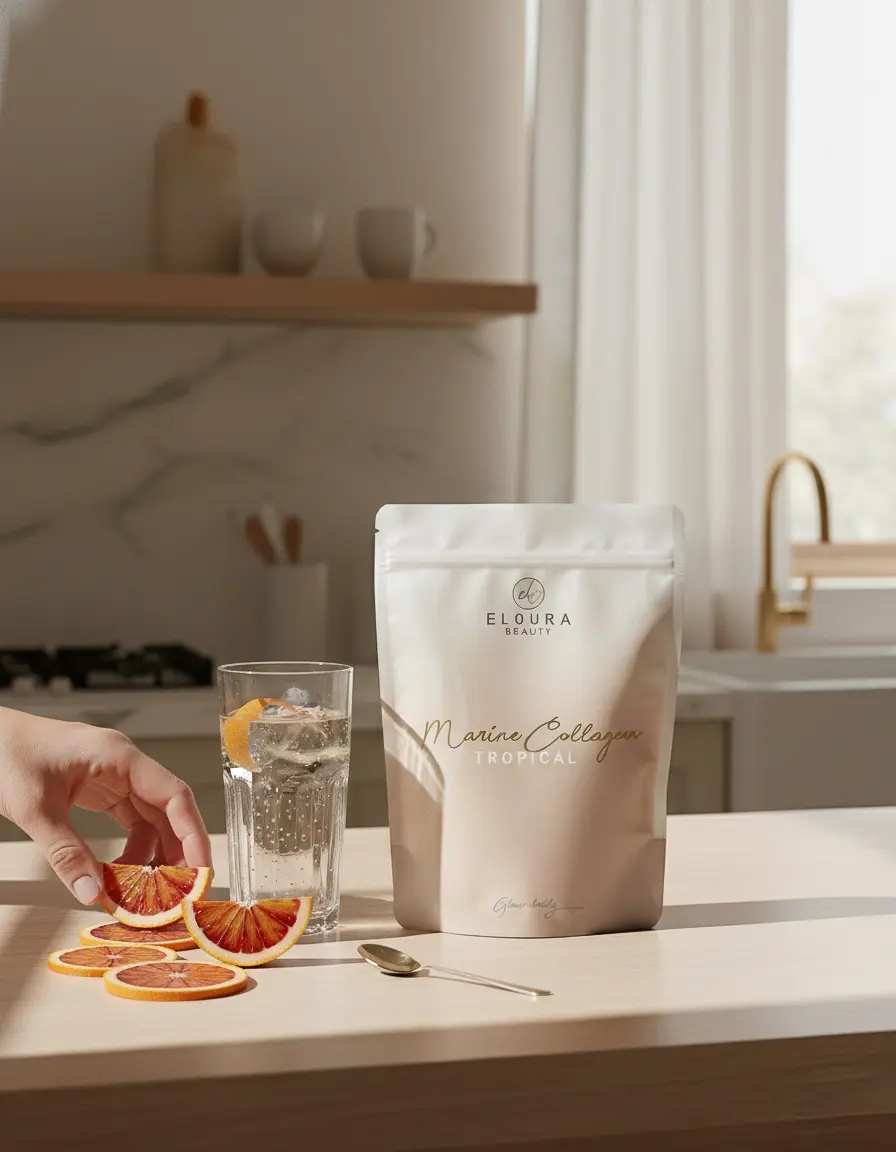 Marien collageen poeder van Eloura Beauty. Viscollageen met vitamine C en hyaluronzuur