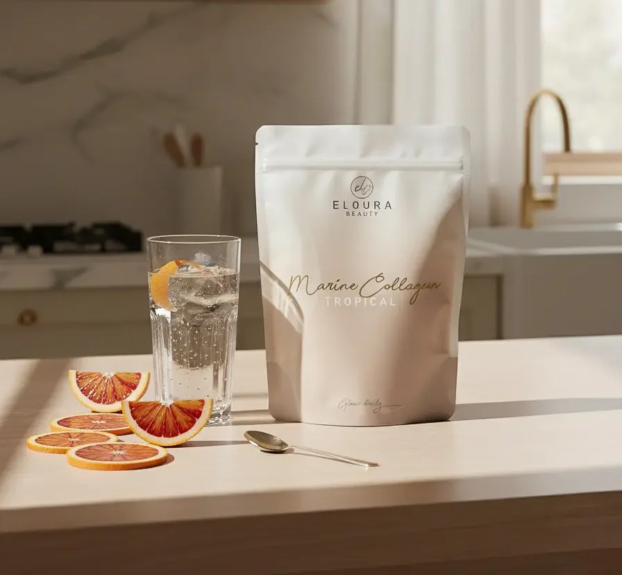 Marien collageen poeder van Eloura Beauty. Viscollageen met vitamine C en hyaluronzuur