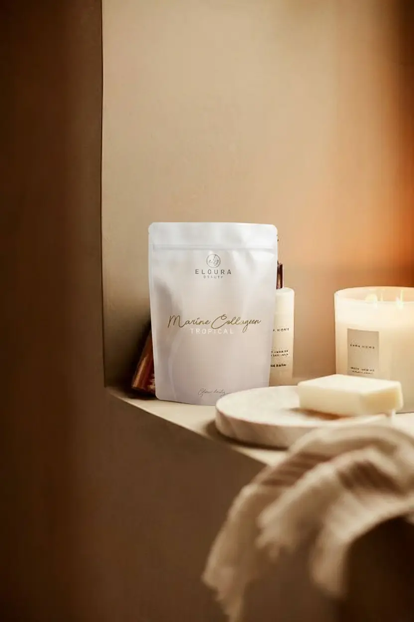 Marien collageen poeder van Eloura Beauty. Viscollageen met vitamine C en hyaluronzuur