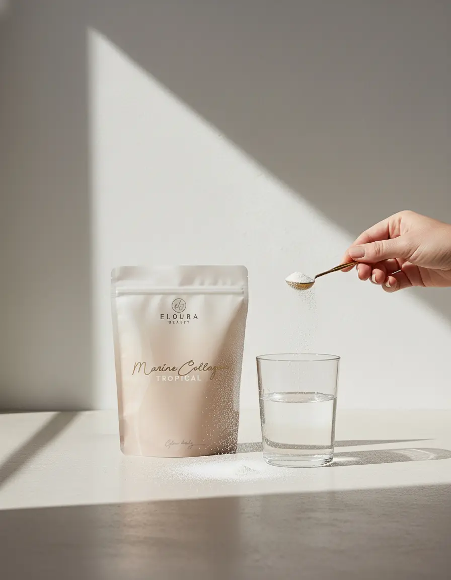 Marien collageen poeder van Eloura Beauty. Viscollageen met vitamine C en hyaluronzuur