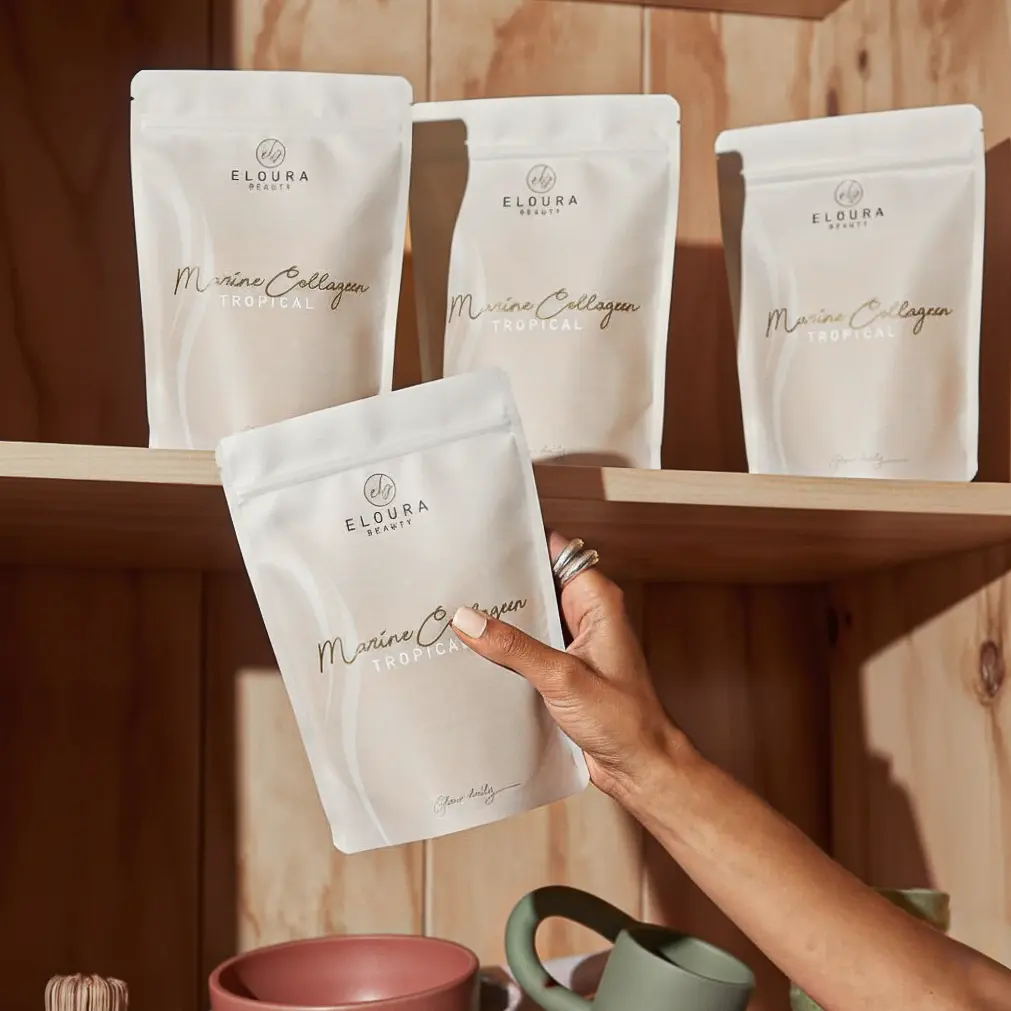 Marien collageen poeder van Eloura Beauty. Viscollageen met vitamine C en hyaluronzuur