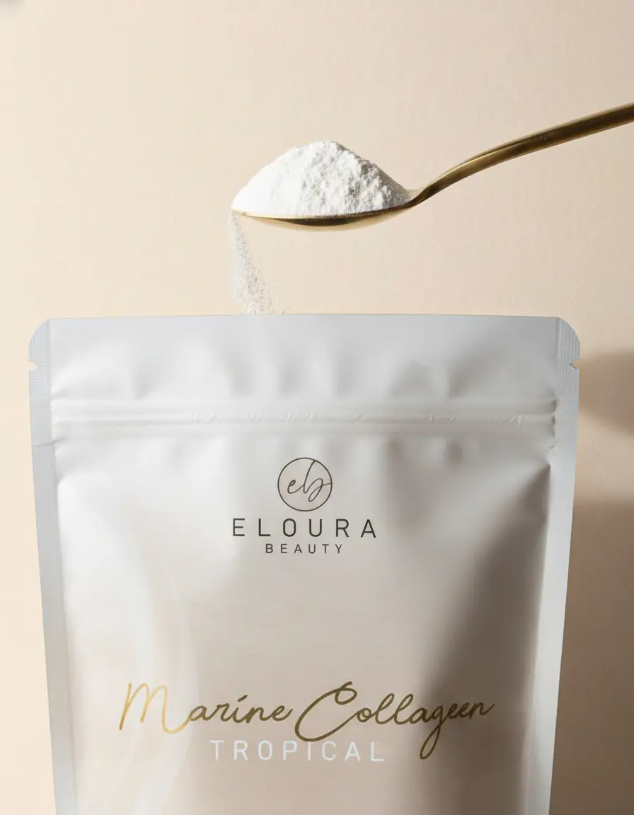 Marien collageen poeder van Eloura Beauty. Viscollageen met vitamine C en hyaluronzuur